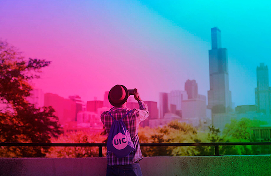 colorwashed image of student looking toward chicago skyline